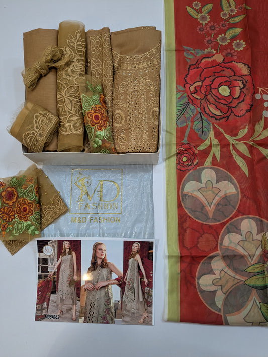 MARIA B BROWN CHIKENKARI EMBROIDERED LAWN