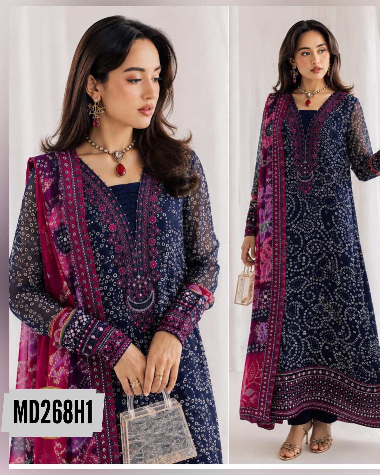 NUREH INSPIRED CHUNRI CHIFFON EMBROIDERED DRESS