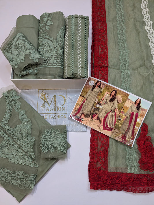 Crimson Opel Chikenkari embroidered Mehndi green