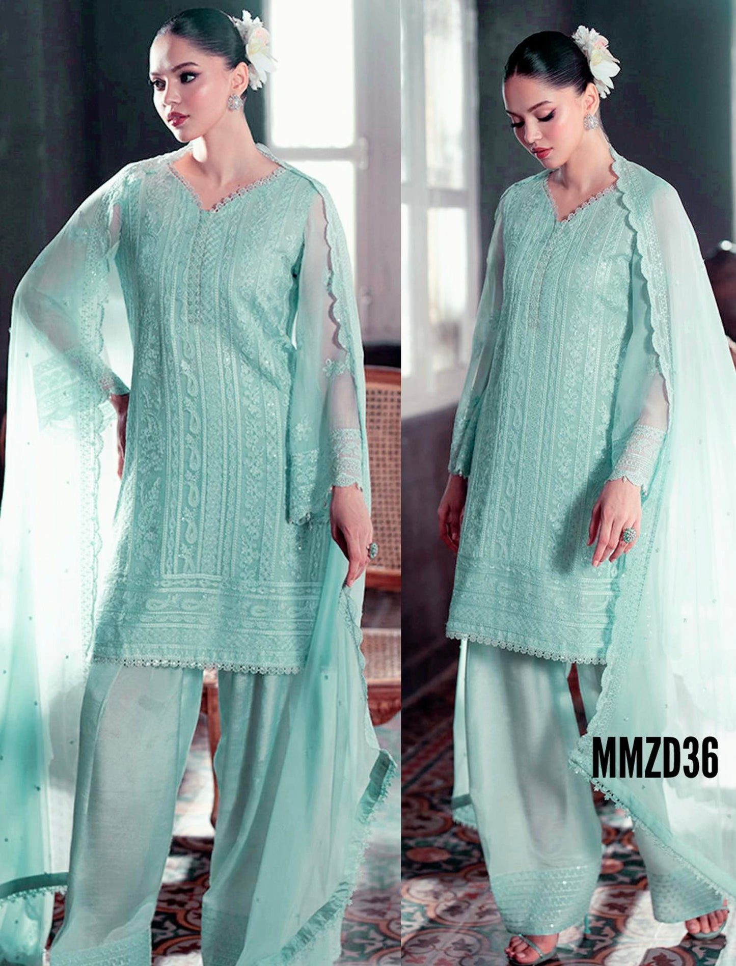 AZURE SOFT SEA GREEN CHIFFON EMBROIDERED