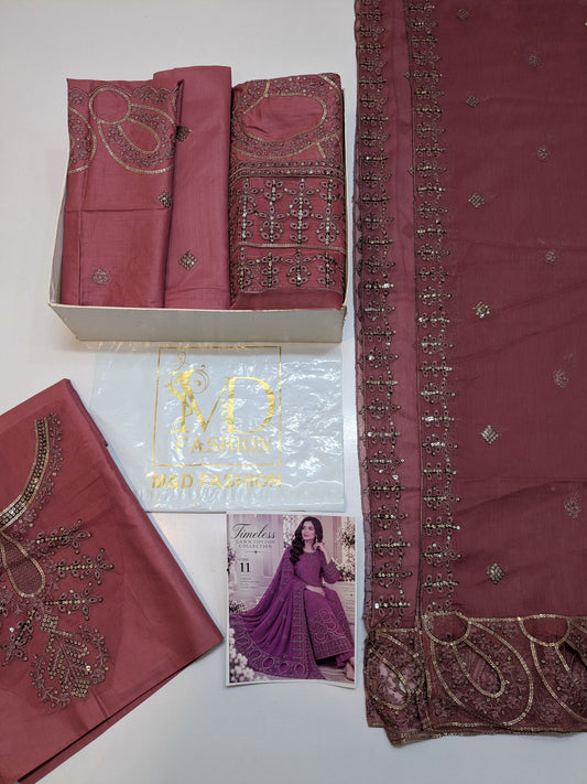 TIMELESS 11 ROSE PINK LAWN COTTON WITH CHIFFON DUPPATA