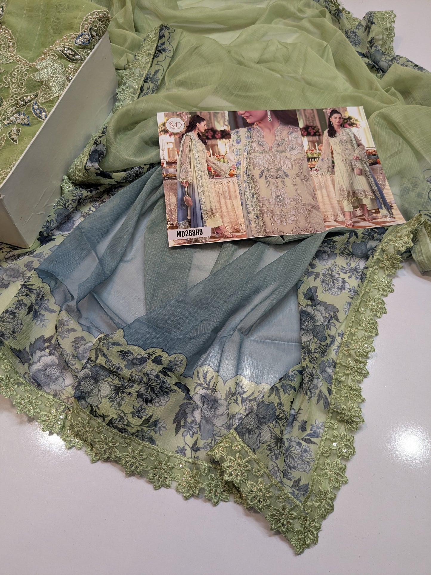 MARIA B INSPIRED DUSTY PISTACHIO CHIFFON TEA AFFAIR