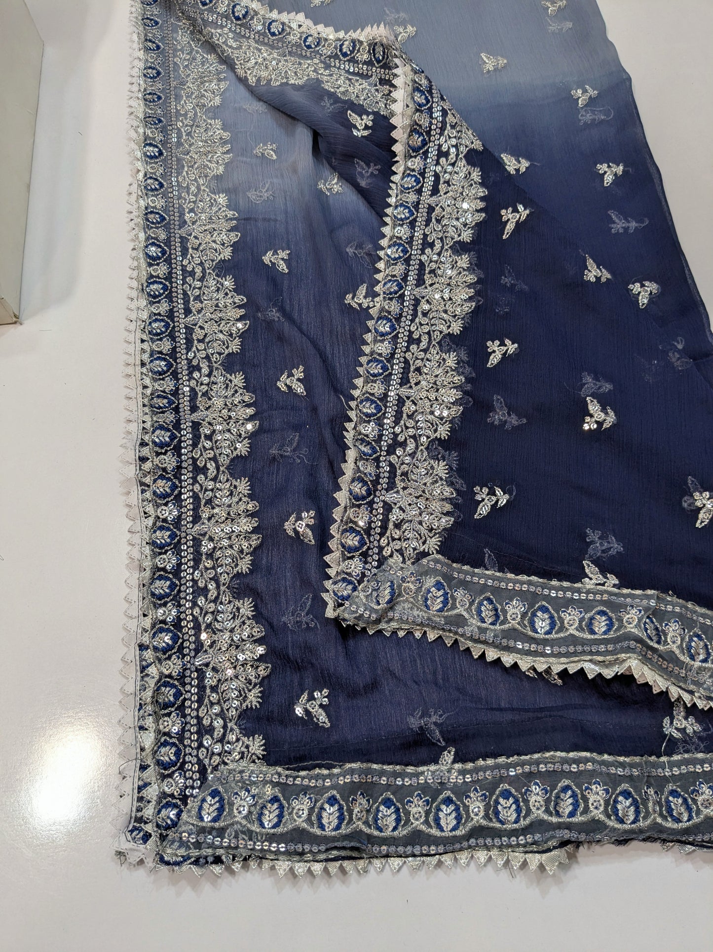 ANEELA GREY BLUE SILK EMBROIDERED