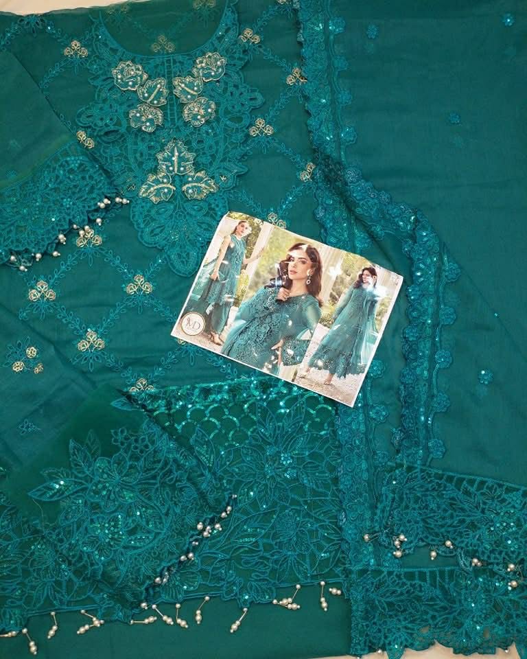 MARIA B SEA GREEN CHIFFON EMBROIDERED DRESS
