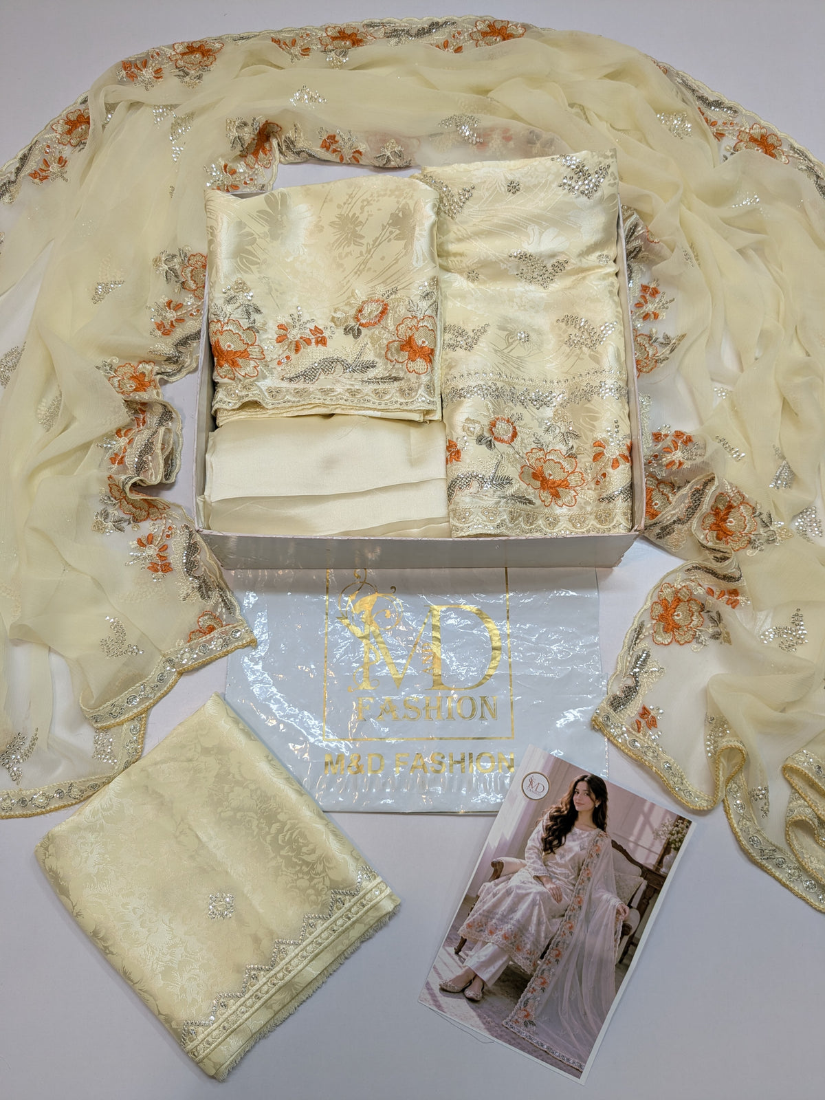 ZARQÉ Ivory Damask Silk Suit with Pure Chiffon Dupatta