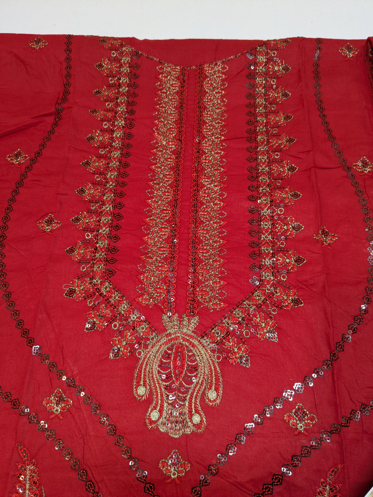 MAHIRA 01 RED LAWN COTTON DRESS WITH CHIFFON DUPPATA
