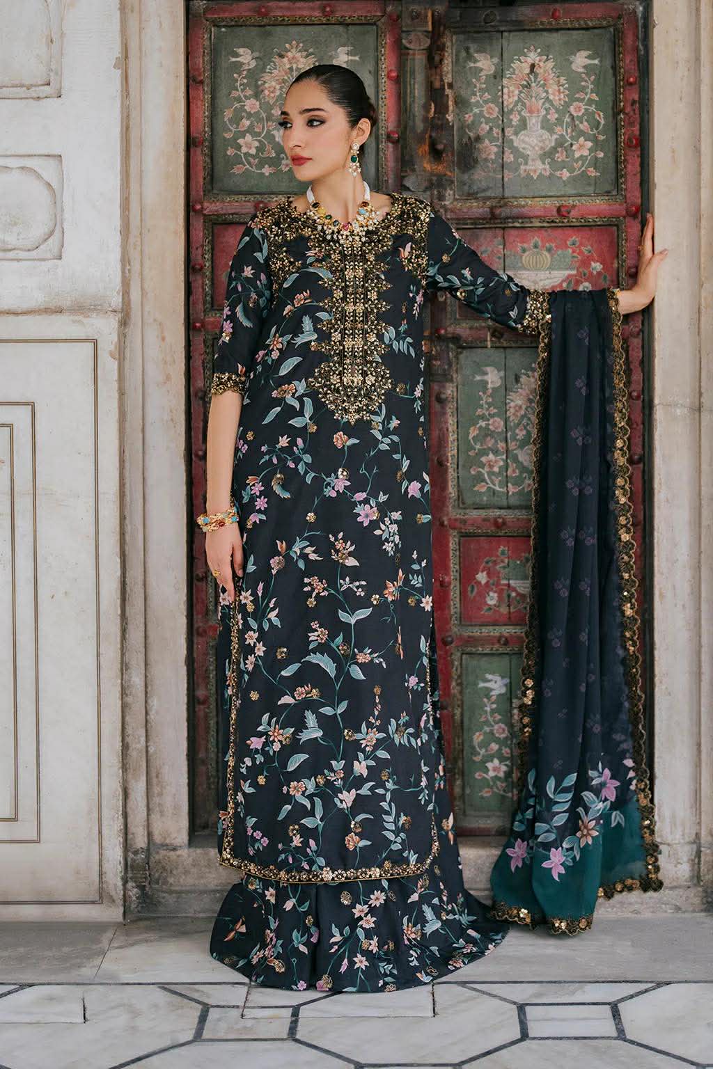 IZNIK BLACK HANDWORK LAWN WITH SILK DUPPATA