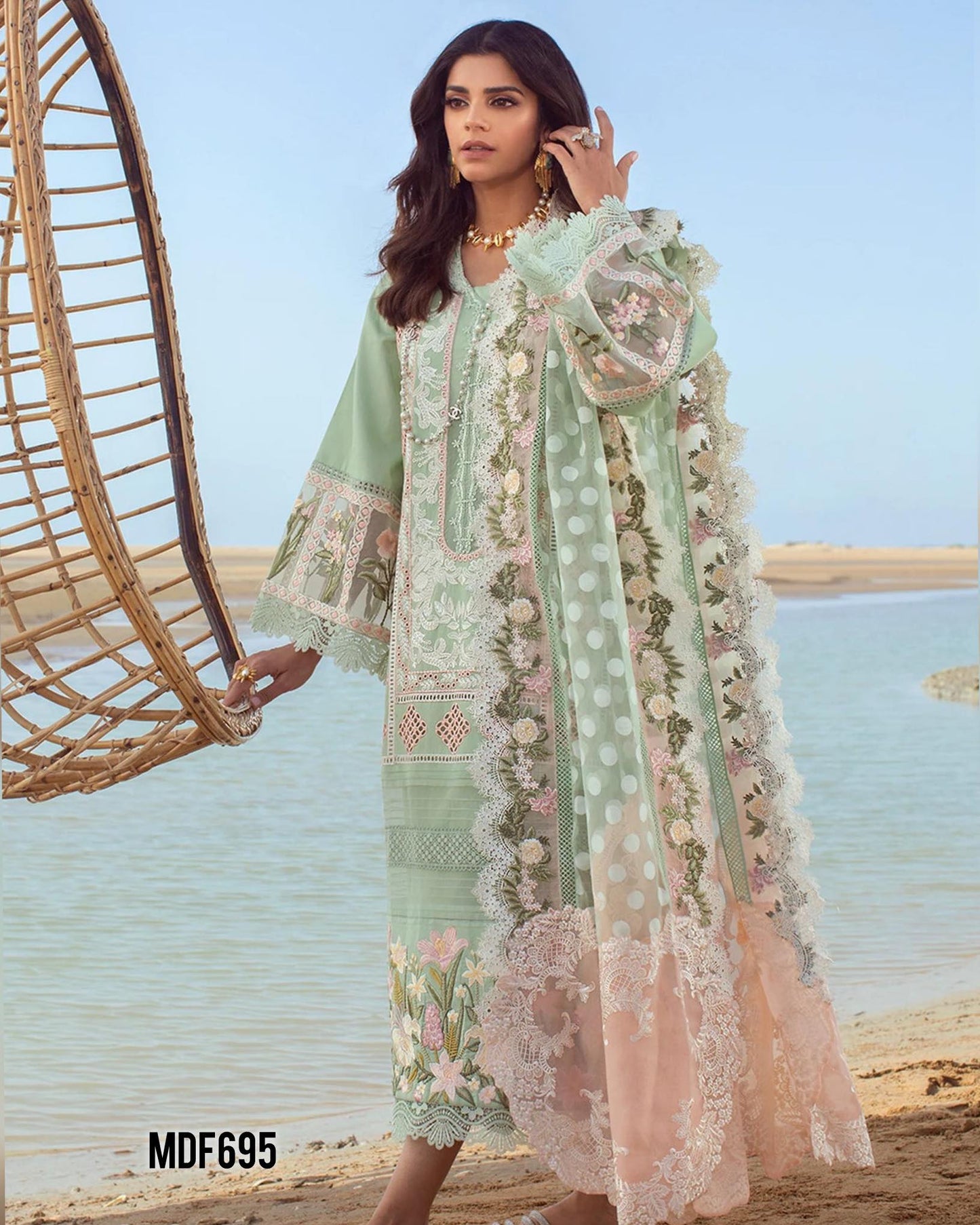 CRIMSON  SEAFOAM GREEN LUXURY LAWN DIL DUPPATA