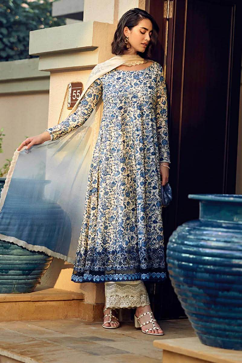 FAIZA SAQLAIN LAWN PRINTED EMBROIDERED SKY DRESS