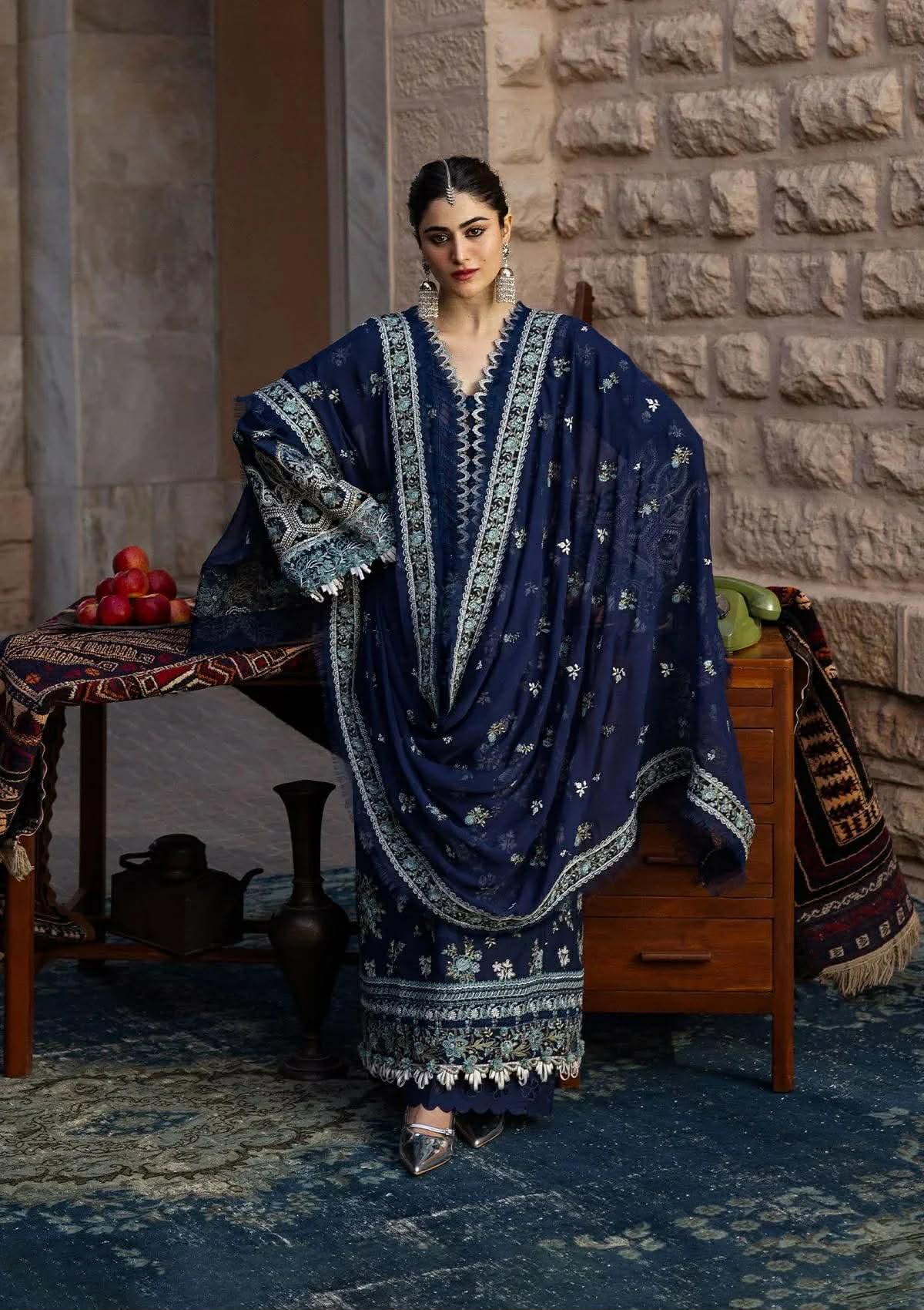 KAHF AZURE BLUE KHADDAR EMBROIDERED DRESS