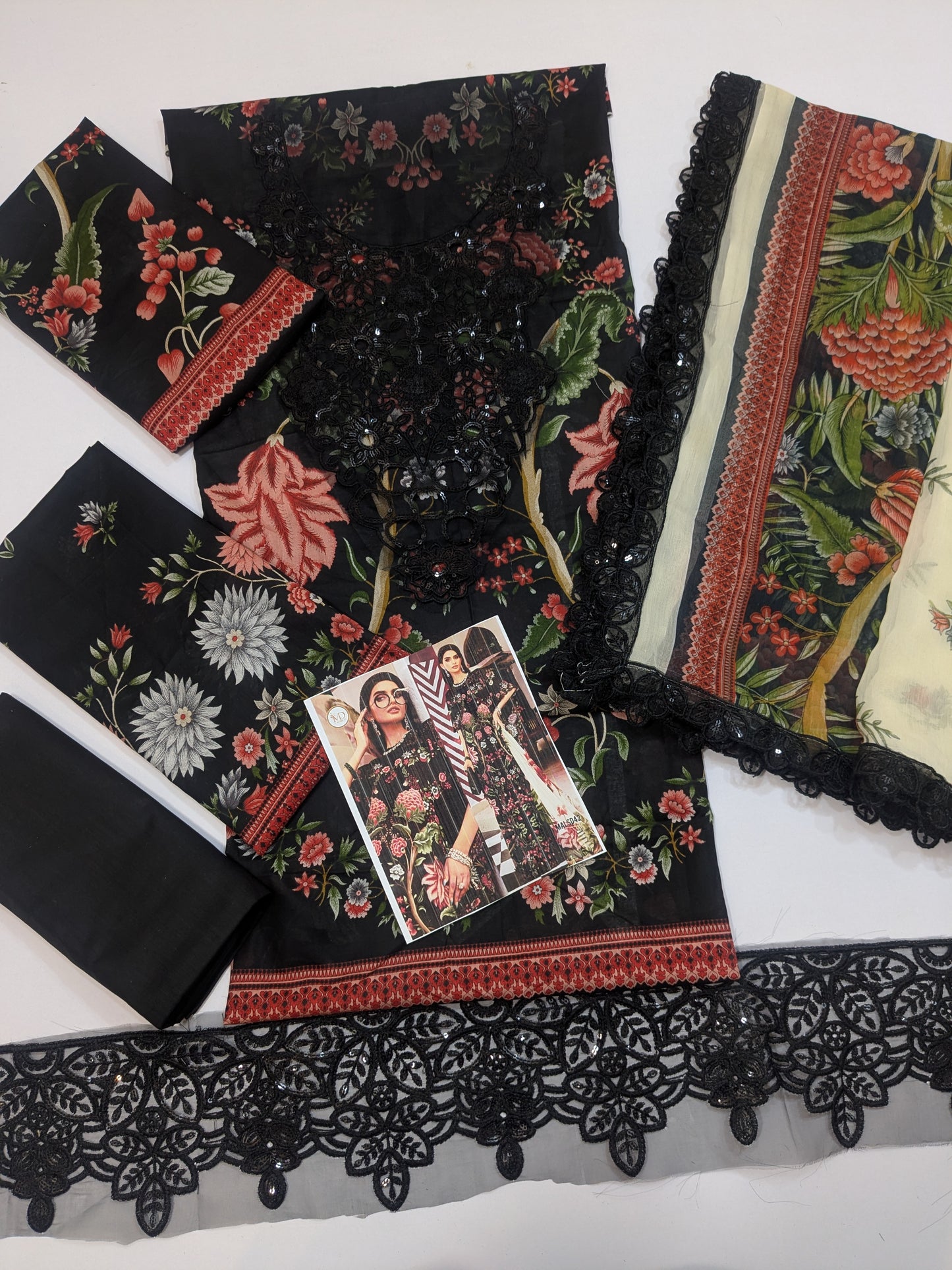 MARIA B BLACK 27B LAWN DRESS WITH READY CHIFFON DUPPATA MAROON