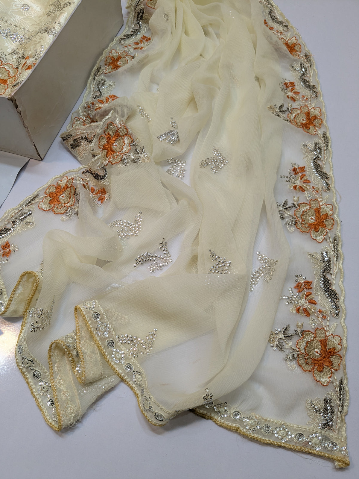 ZARQÉ Ivory Damask Silk Suit with Pure Chiffon Dupatta