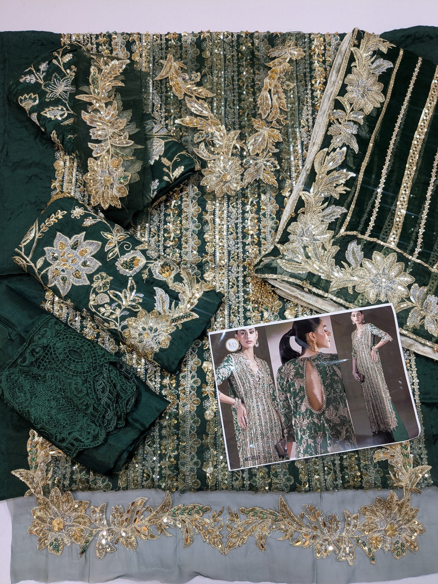 SANA SAFINAZ GREEN PREMIUM RAW SILK HAND EMBELLISHED 3 PIECE