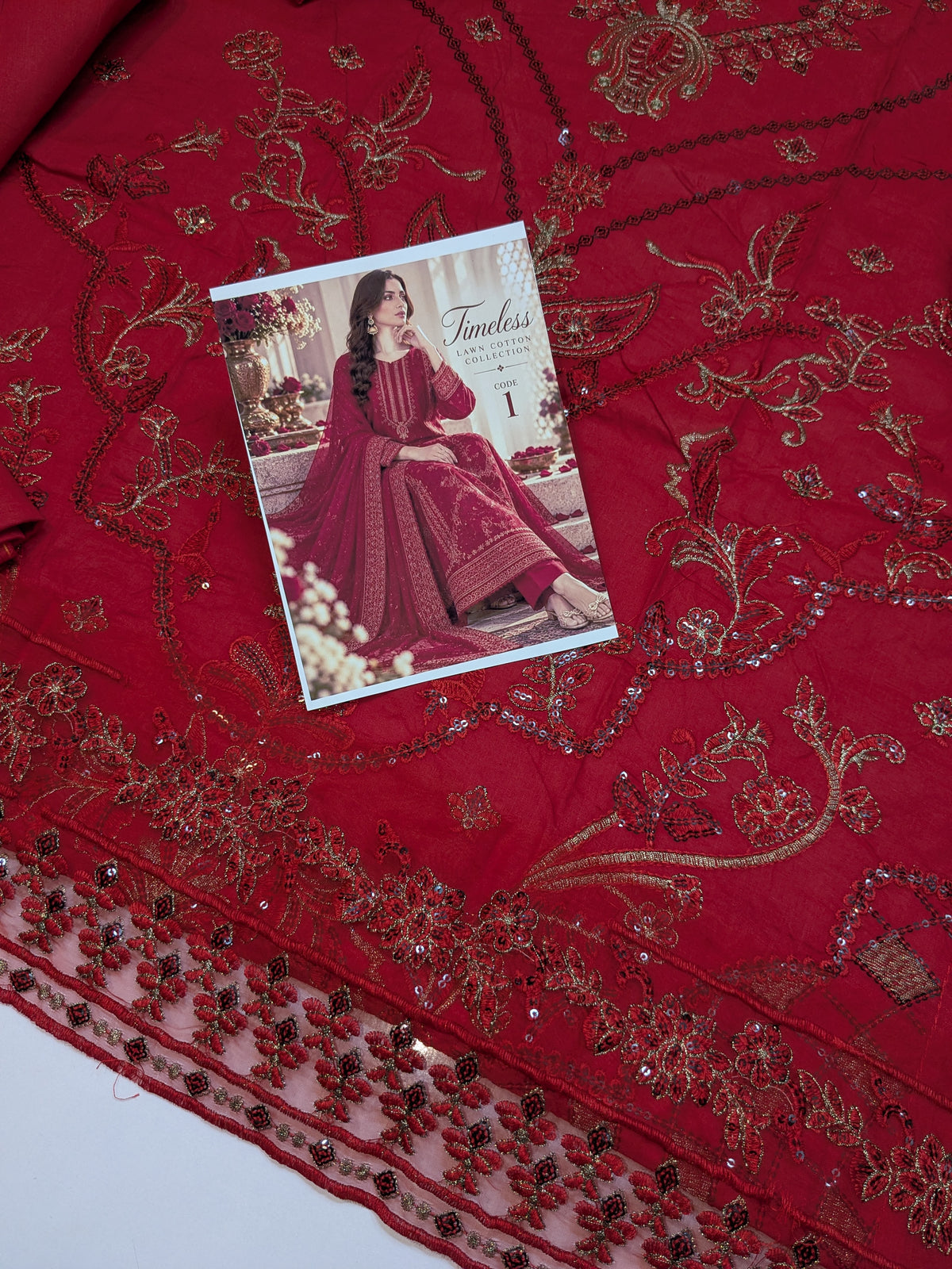 MAHIRA 01 RED LAWN COTTON DRESS WITH CHIFFON DUPPATA