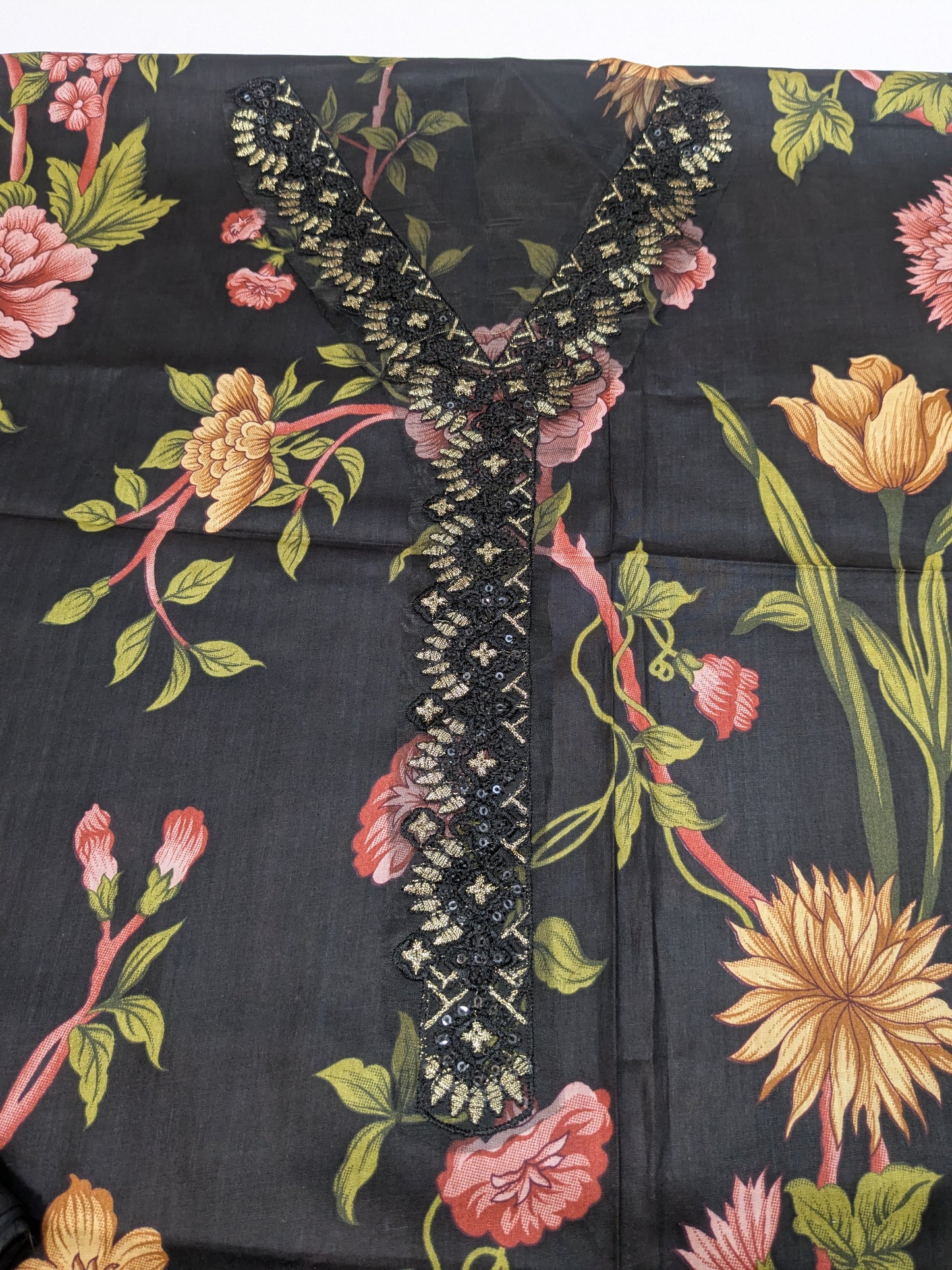 NUREH GARDENIA BLACK LAWN PRINTED EMBROIDERED