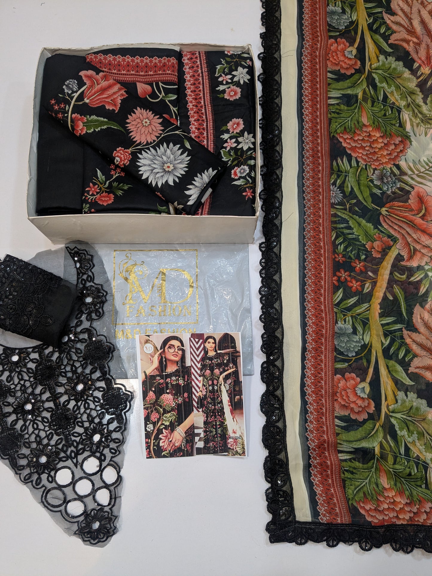 MARIA B BLACK 27B LAWN DRESS WITH READY CHIFFON DUPPATA MAROON