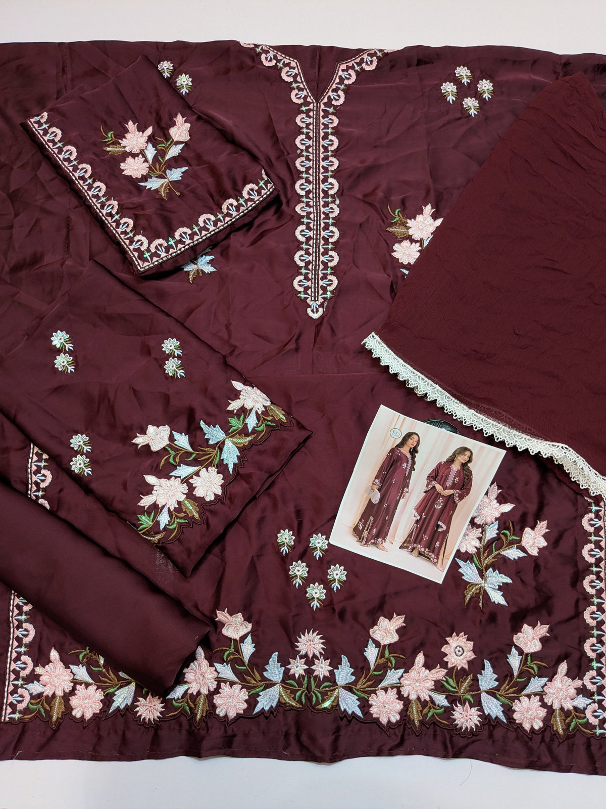 Fatima Silk Kaftan Maroon Resham work