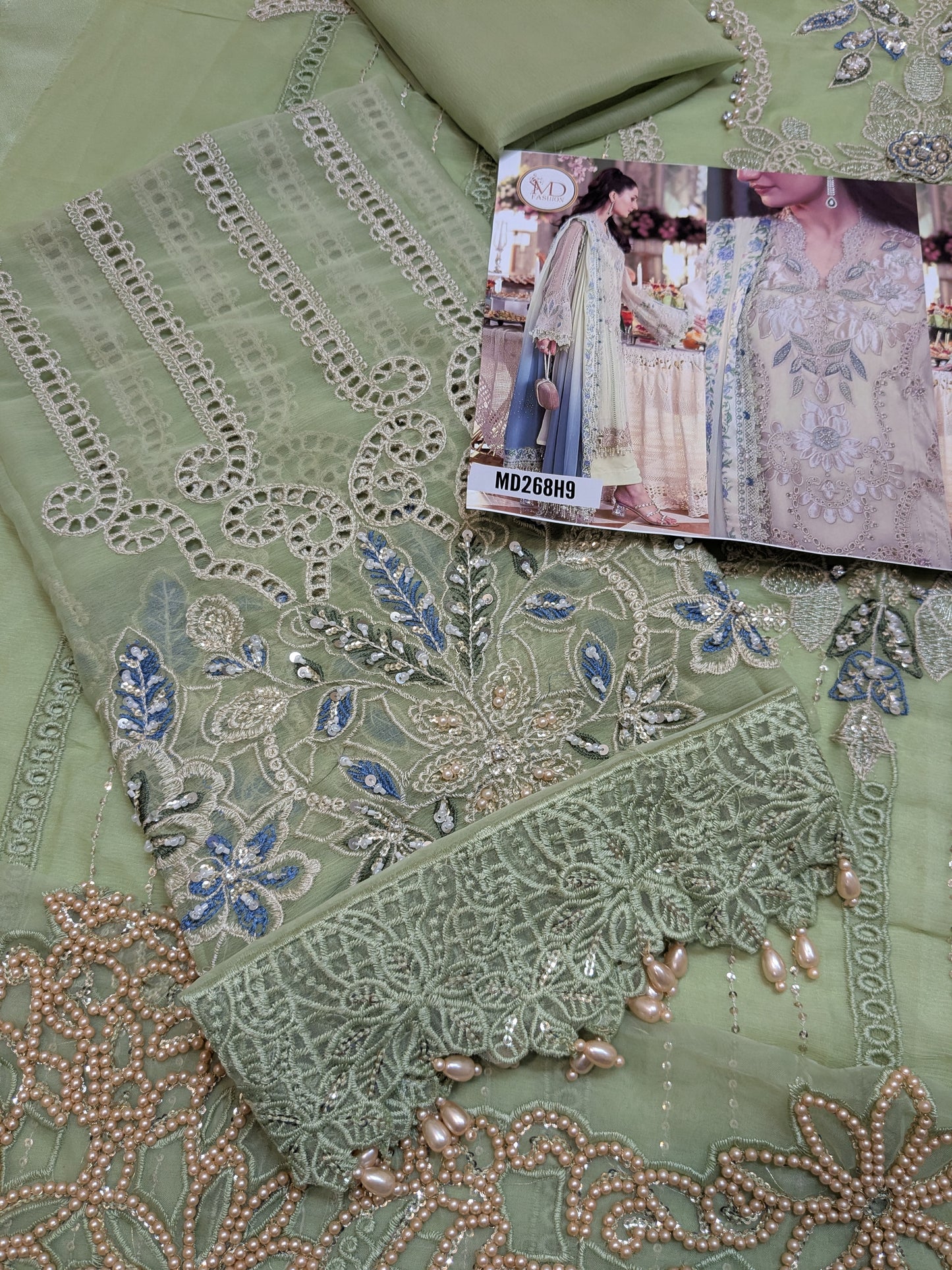 MARIA B INSPIRED DUSTY PISTACHIO CHIFFON TEA AFFAIR