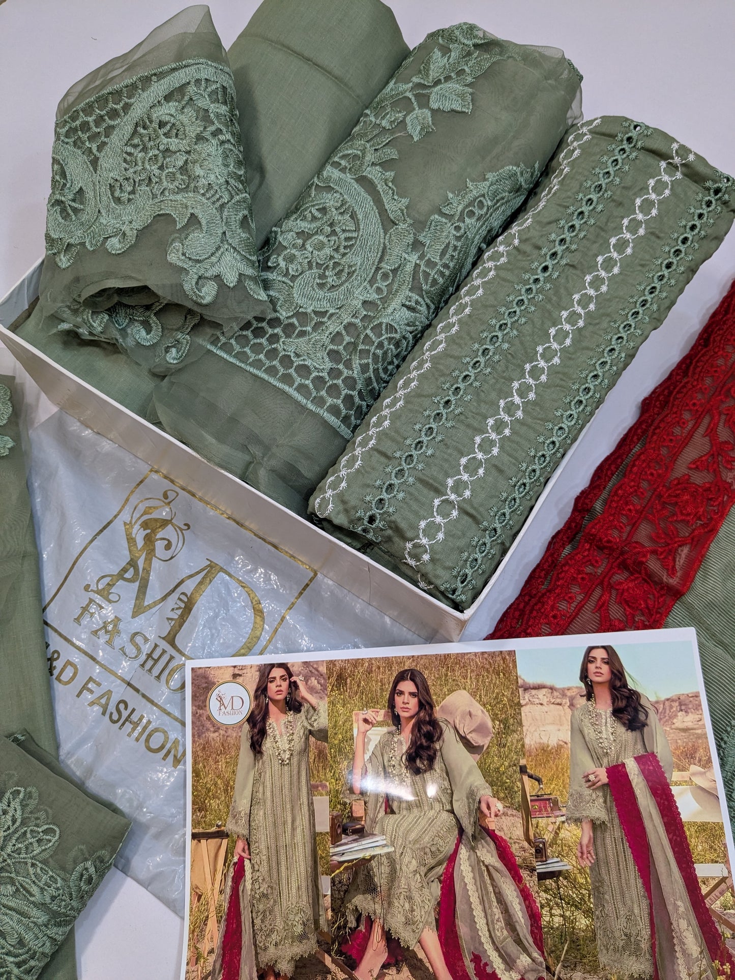 Crimson Opel Chikenkari embroidered Mehndi green