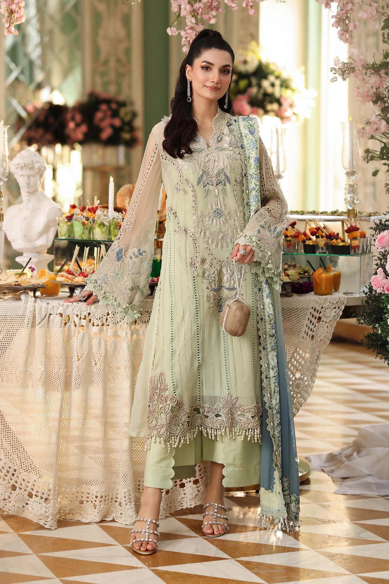 MARIA B INSPIRED DUSTY PISTACHIO CHIFFON TEA AFFAIR
