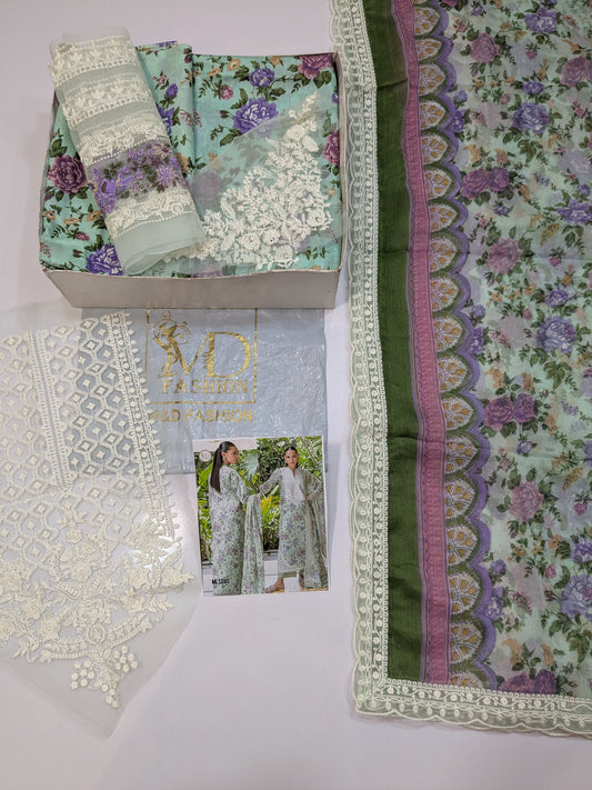 ZAINAB CHOTANI FLOWER PRINTED EMBROIDERED SAGE GREEN LAWN