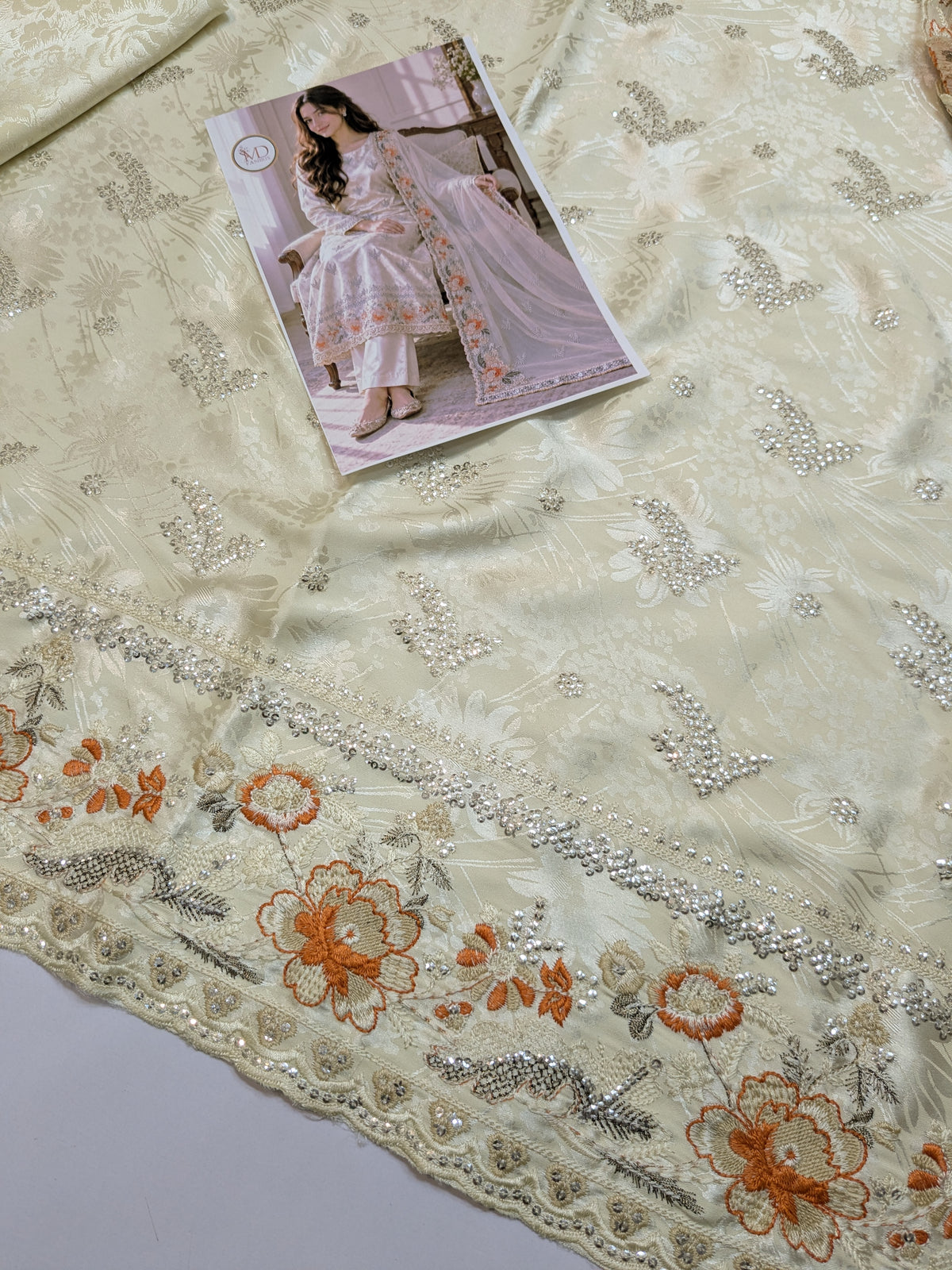 ZARQÉ Ivory Damask Silk Suit with Pure Chiffon Dupatta