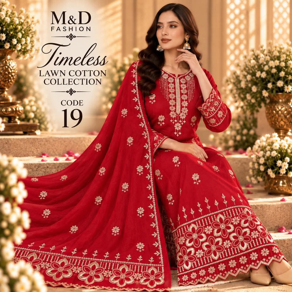 TIMELESS 19 PURE RED LAWN COTTON WITH CHIFFON DUPPATA