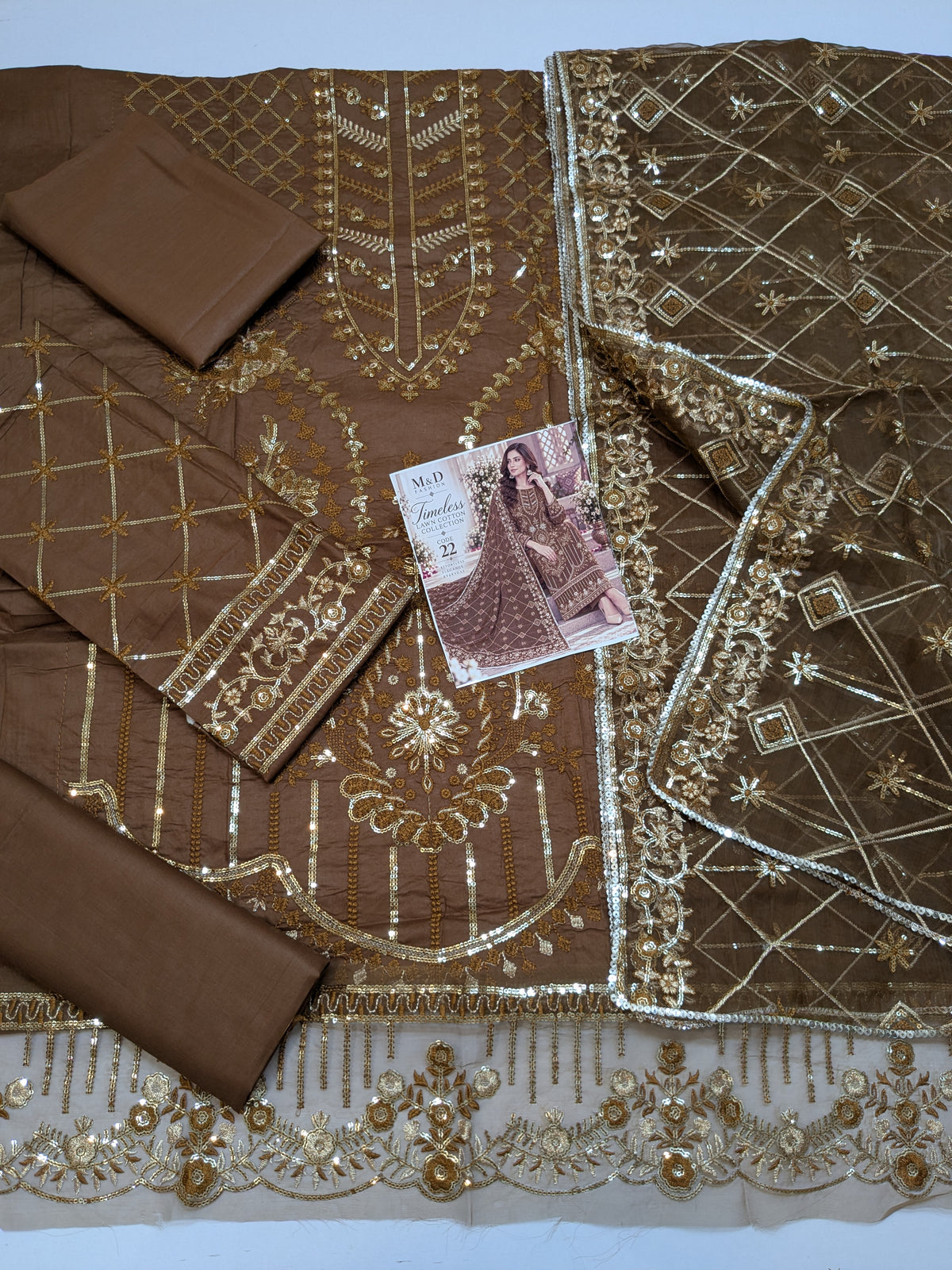 TIMELESS 21 BROWN LAWN COTTON WITH ORGANZA DUPPATA