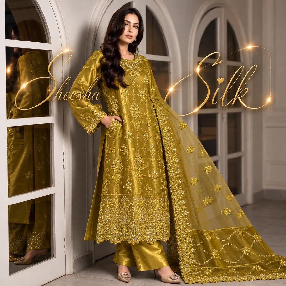 Sheesha Silk dress with intricate Chikankari cutwork in Olive Gold by SLEEK