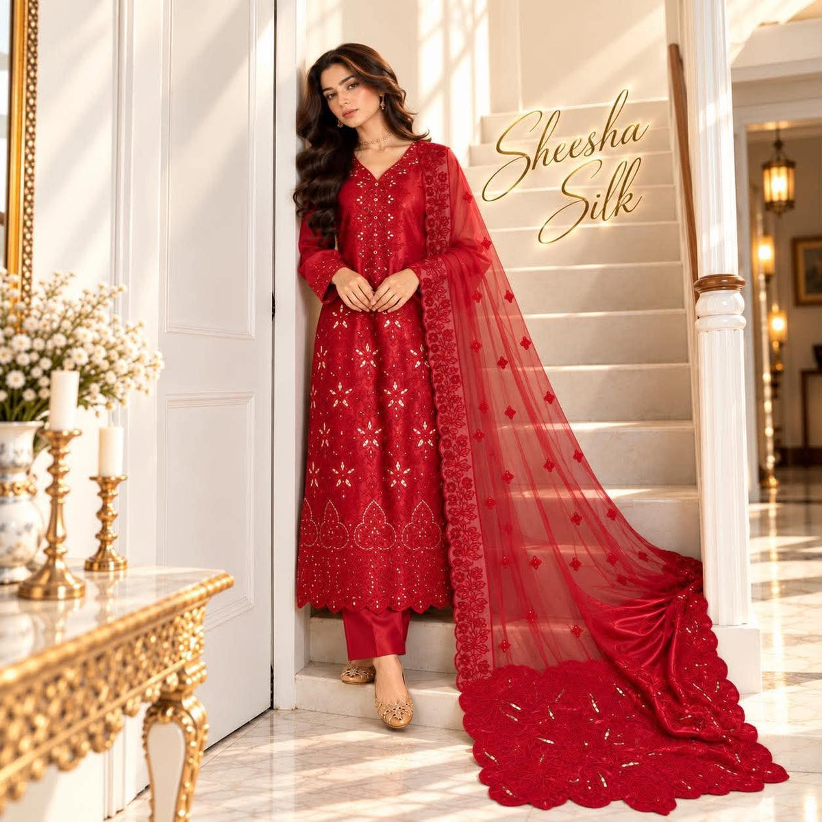 Sheesha Silk dress with intricate Chikankari cutwork in Ruby Red by SLEEK
