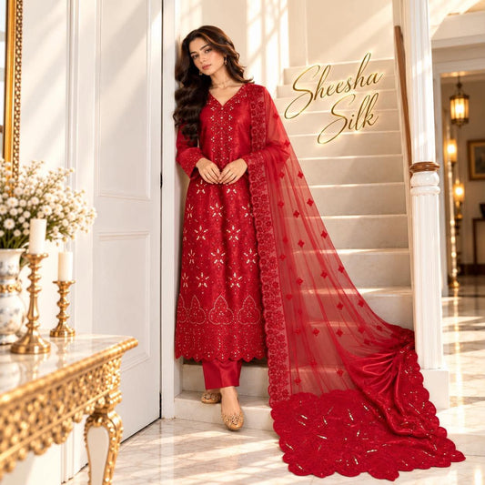 Sheesha Silk dress with intricate Chikankari cutwork in Ruby Red by SLEEK
