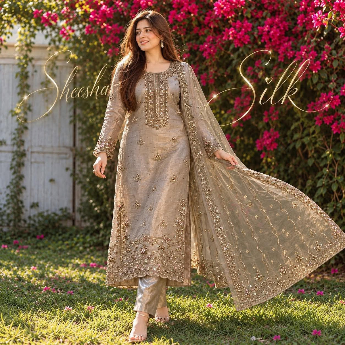 Sheesha Silk hand embellished dress in Champagne Taupe by SLEEK
