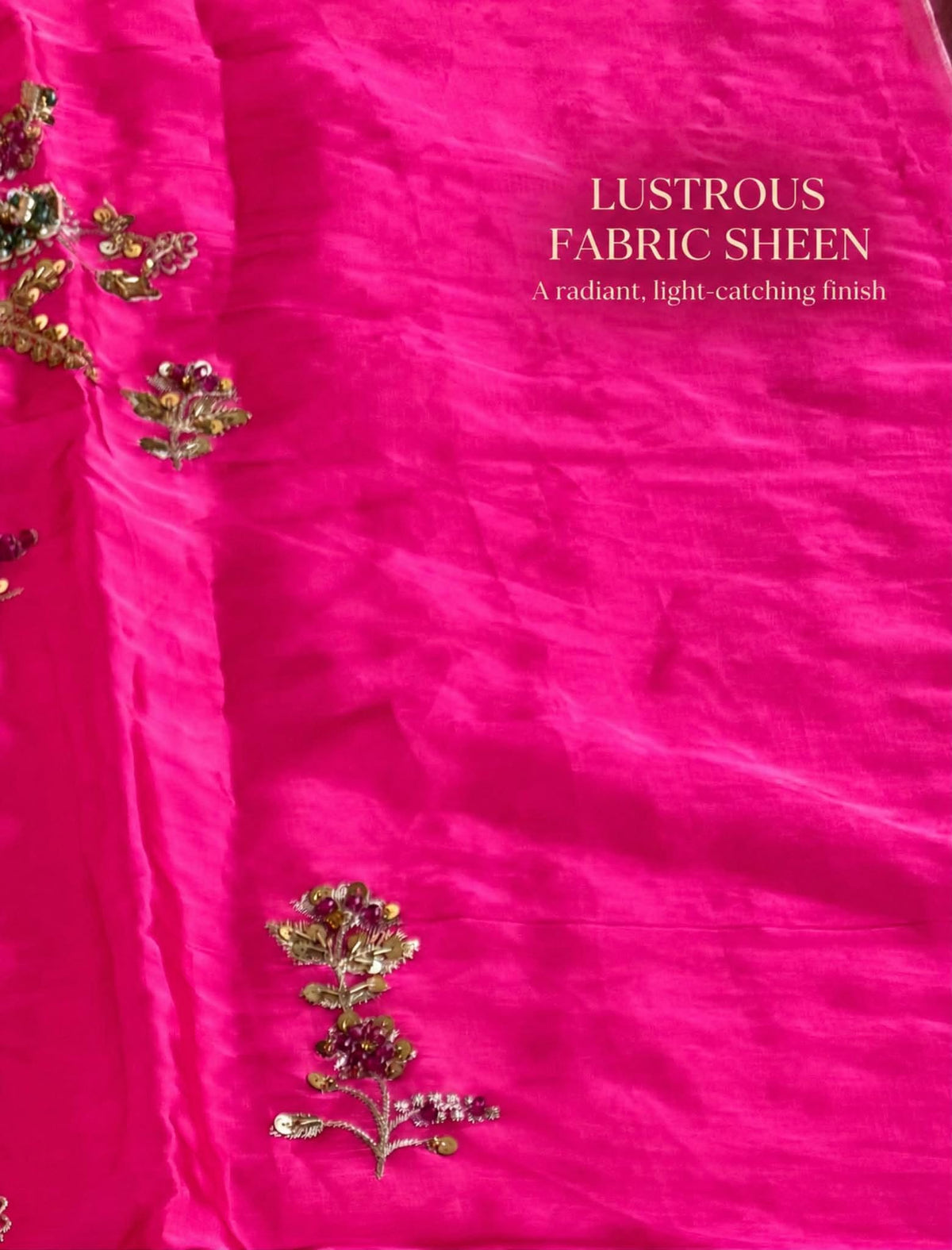 Fabric details: Fabric details of Sheesha Silk hand embellished dress in Mulberry, showing sheen and embellishment
