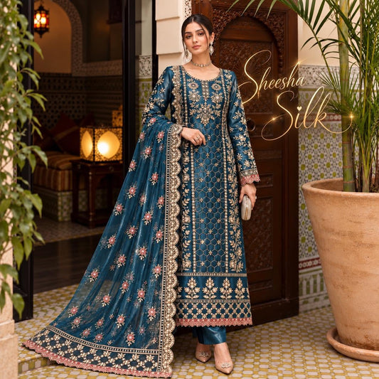Sheesha Silk hand embellished dress in Royal Teal by SLEEK
