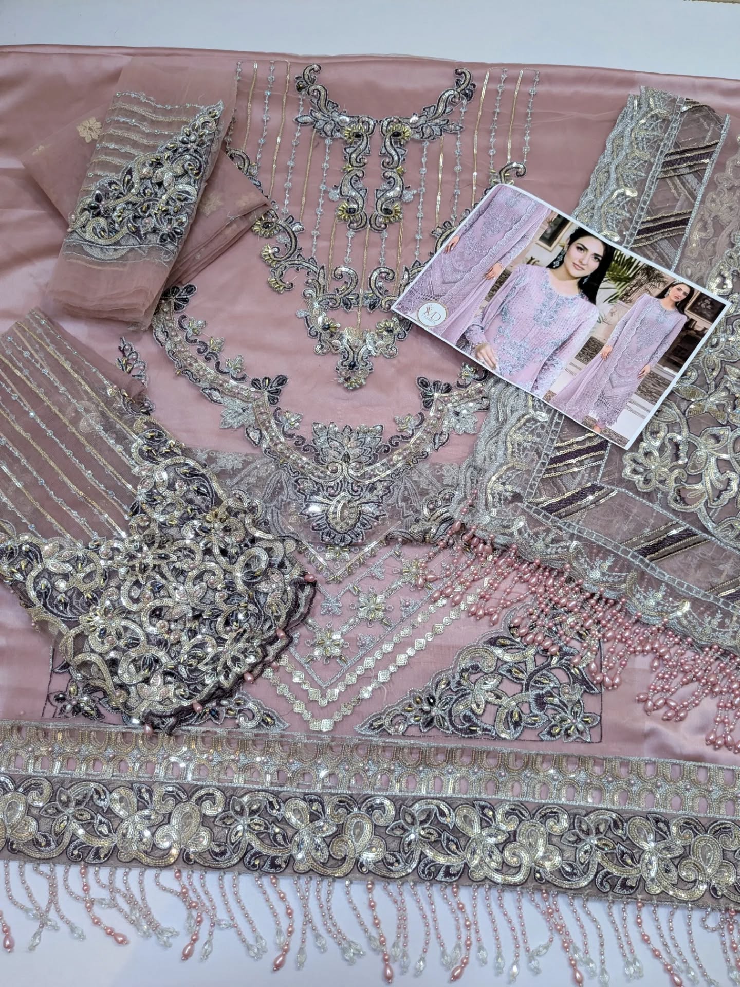 Maria B Premium Quality Onion Pink Tassels Net Dress