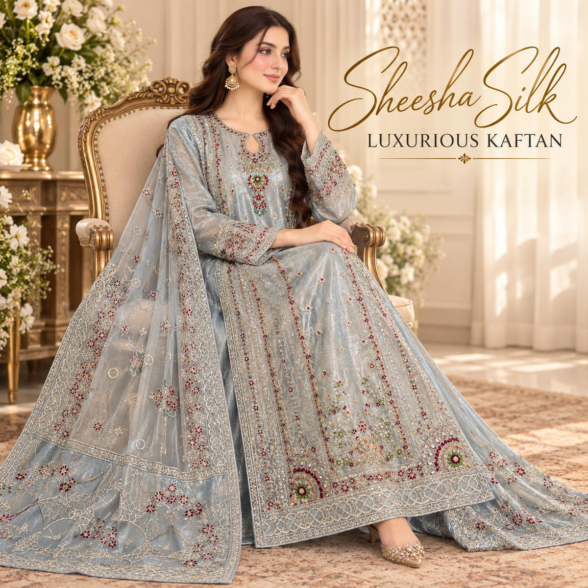 ZARQÉ Soft Jade Sheesha Silk Embellished Kaftan front view