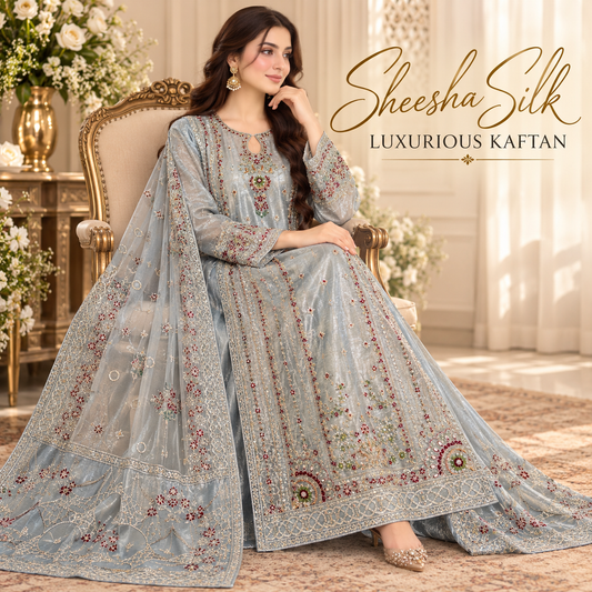ZARQÉ Soft Jade Sheesha Silk Embellished Kaftan front view