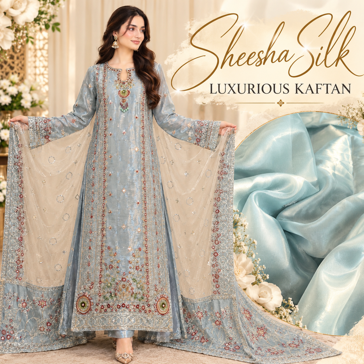 ZARQÉ Soft Jade Sheesha Silk Embellished Kaftan full view

