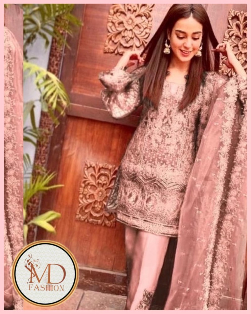 Zainab chotani powder pink net embroidered dress
