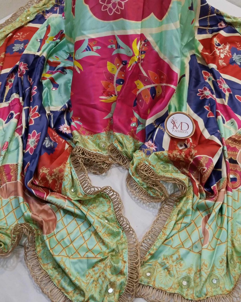 Green Multi printed Mirror work Silk Dupatta