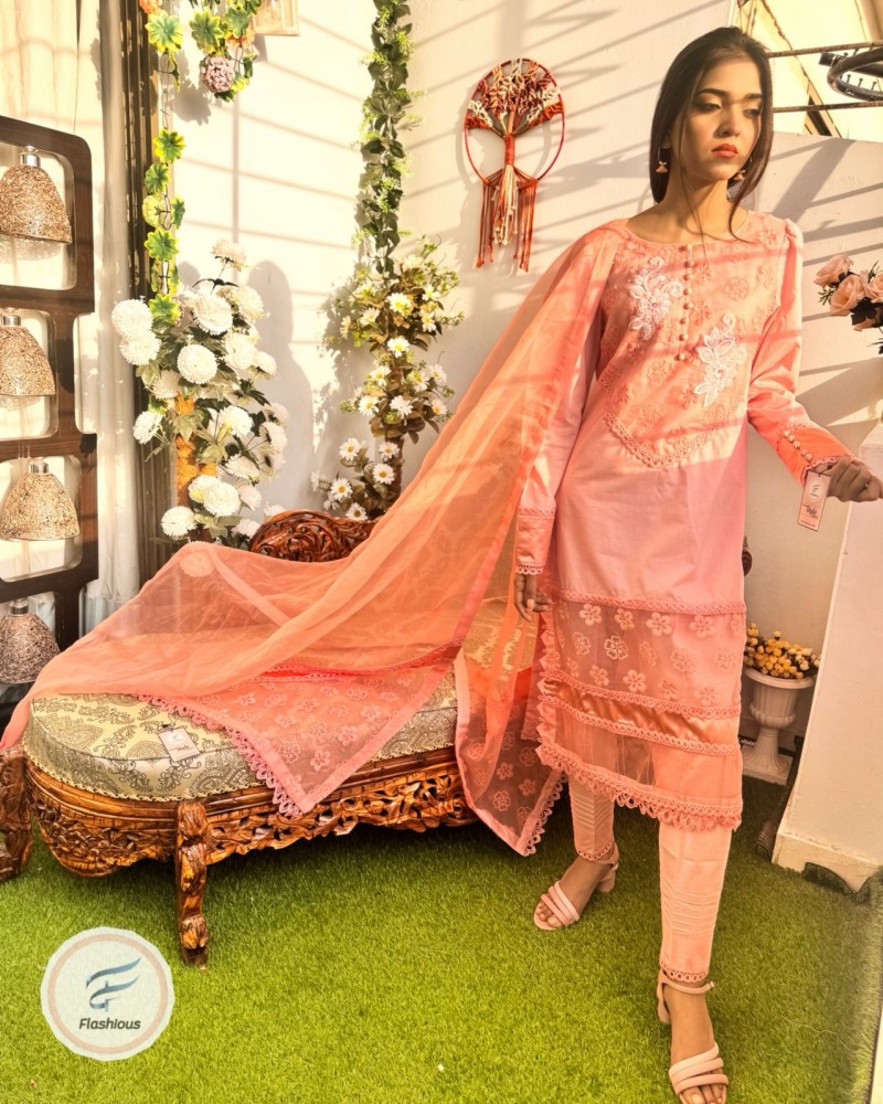 Blush Peach Lawn & Organza sensations 3-piece Ready to wear