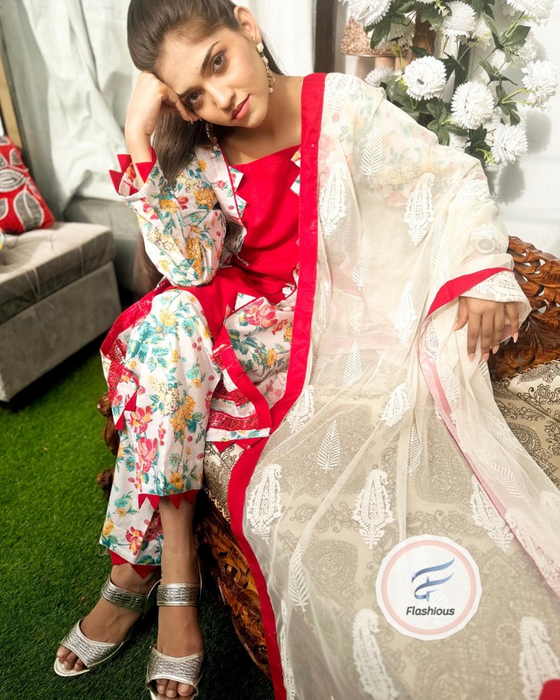Daisy Red 3 piece complete stitched dress