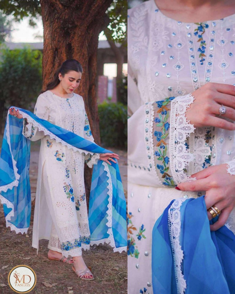 Designer White blue chikenkari Lawn dress