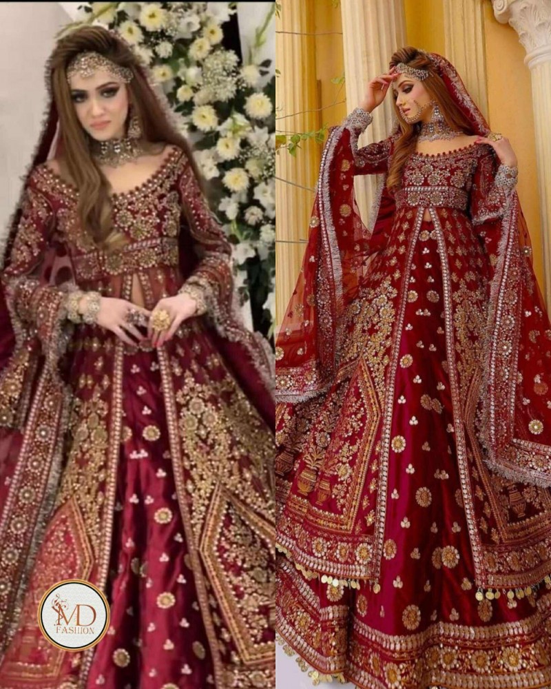 Kashees Maroon heavily embroidered lahenga maxi