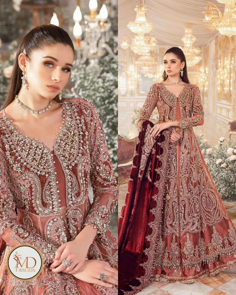 Maria b maroon peach net embroidered maxi