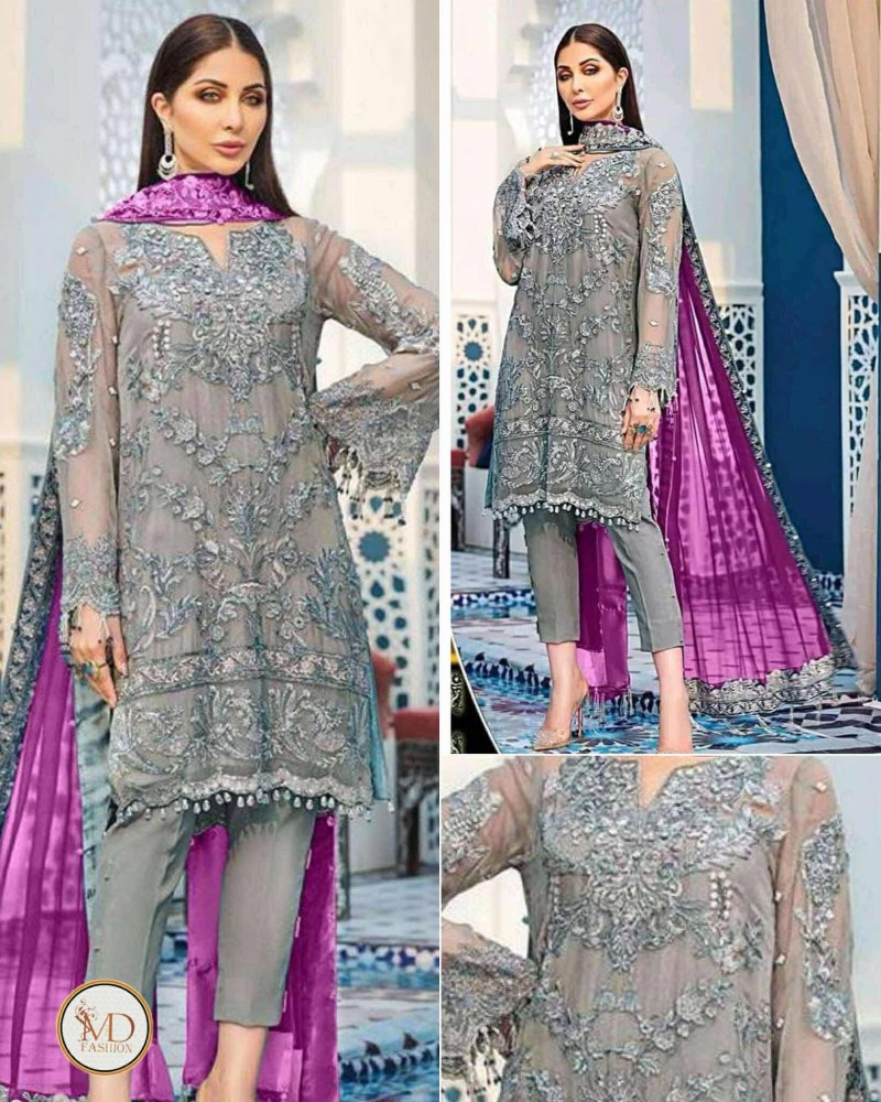 Gulal Net embroidered Gray Purple