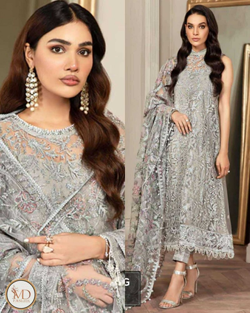 Zarif Silver gray net embroidered 4pcs dress