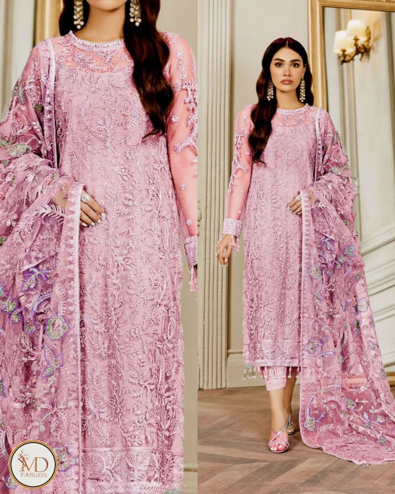 Zarif Pinky peach net embroidered 4pcs dress