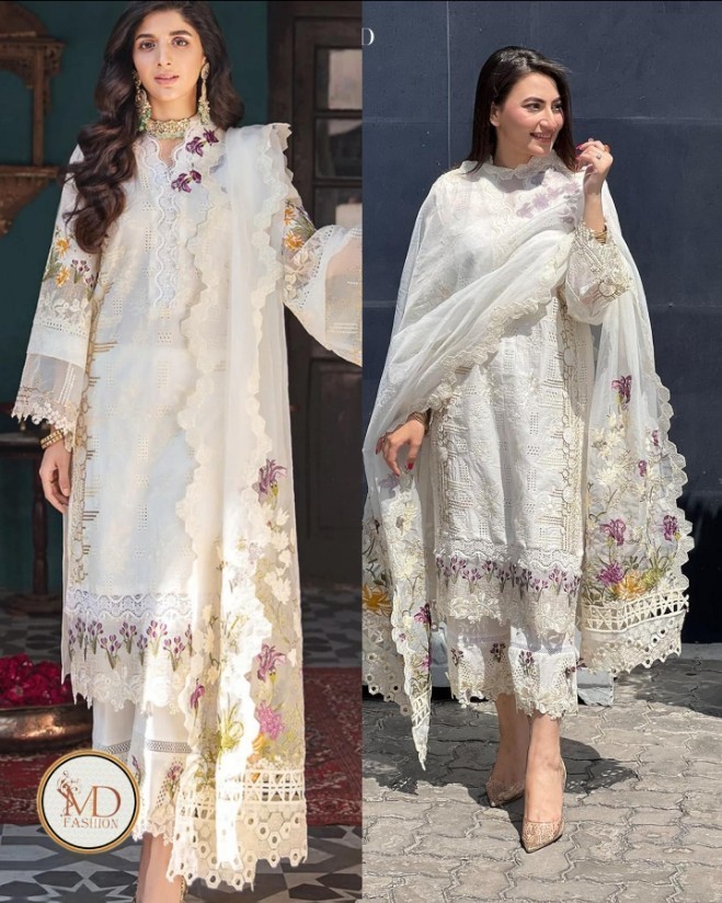 Elaf White Chikenkari Lawn Unstich Suit