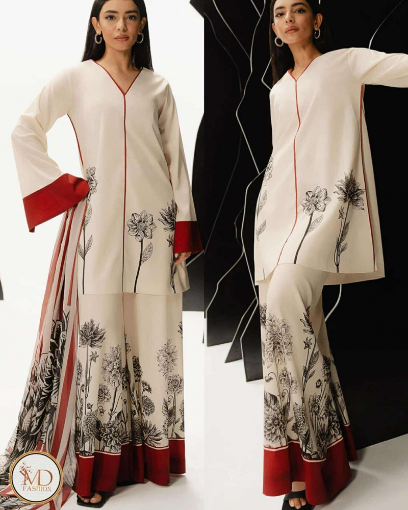 Lulusar Cream with Maroon Border Charmeuse SILK 3pcs